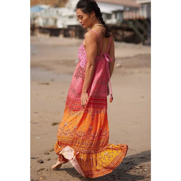New Farm Rio Anthropologie  Maxi Dress Pink Paisley Sunset Size Large Cover Up - Picture 4 of 10